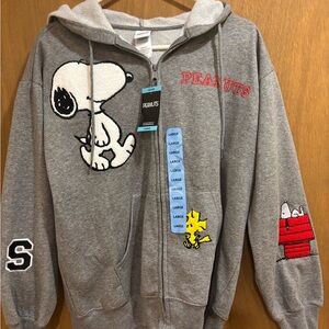NWT Peanuts Gray Zip-Up Hoodie with Snoopy and Woodstock Large